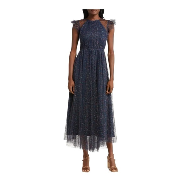 MELLODAY Floral Ruffle Mesh Overlay Maxi Dress Size S NWT - Picture 1 of 6